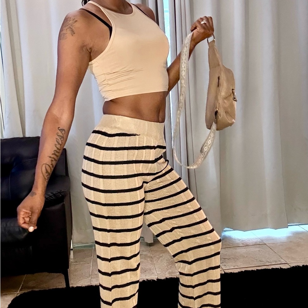 Striped Beige and Black Women's Pants and beige top